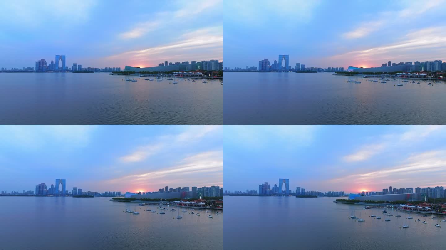 苏州金鸡湖夏天黄昏航拍全景