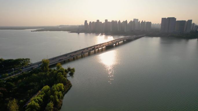 蚌埠城市风光夕阳日落街景城市建筑龙子湖航