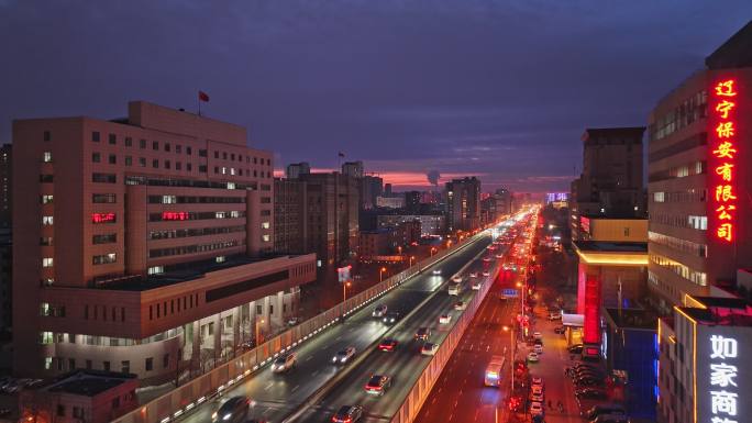 辽宁沈阳崇山路一环城市交通夜景航拍