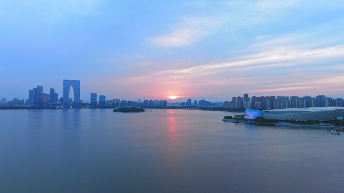苏州金鸡湖夏天黄昏航拍全景