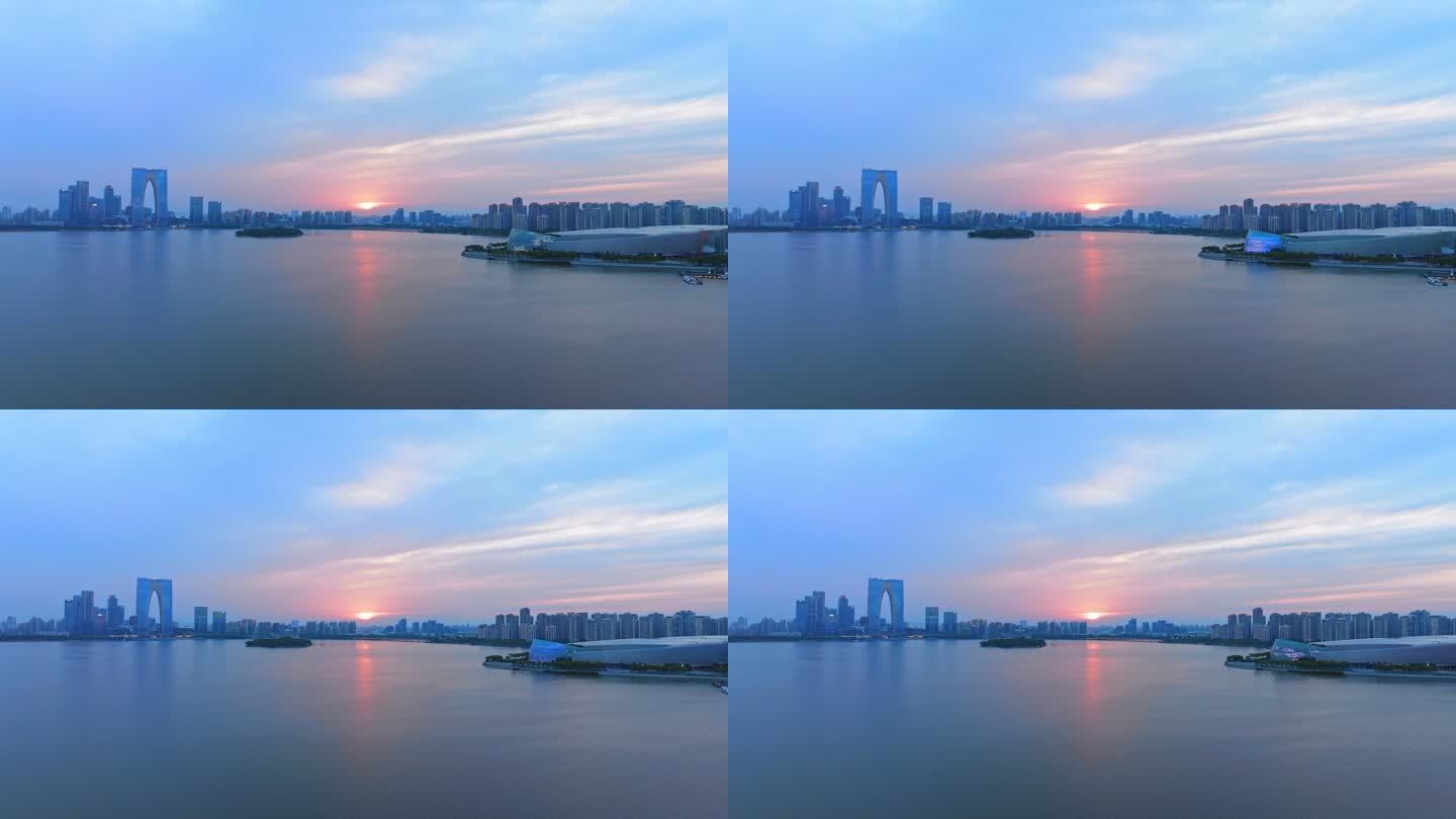 苏州金鸡湖夏天黄昏航拍全景