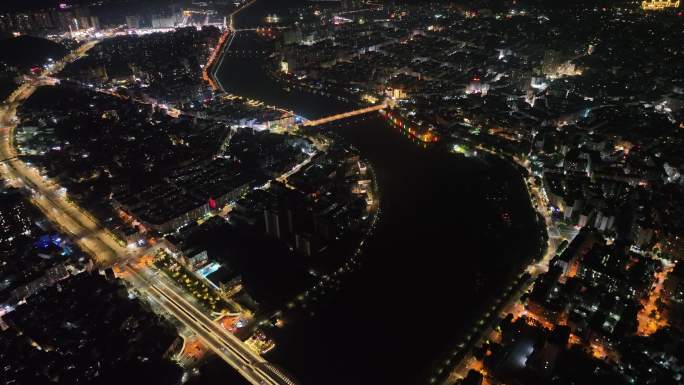 广州从化区夜景航拍街口大桥夜晚流溪河风光
