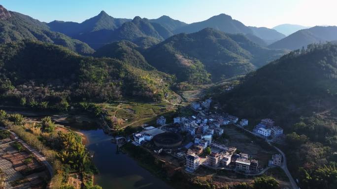 广东梅州永定客家土楼群建筑花萼楼高空航拍