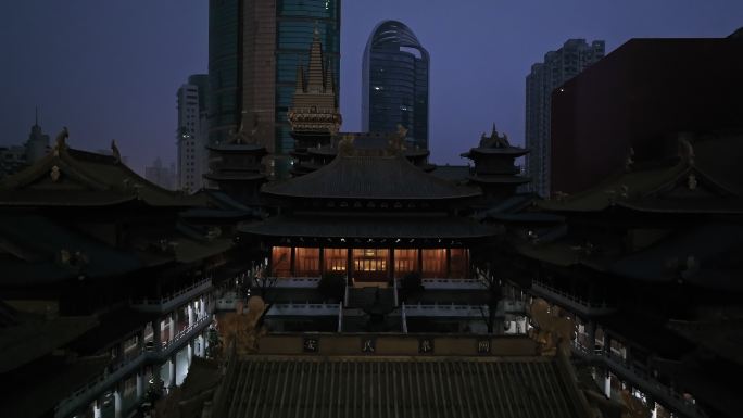 上海静安寺凌晨黑夜航拍