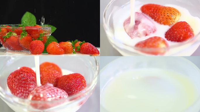 草莓入水倒牛奶与海苔摆放