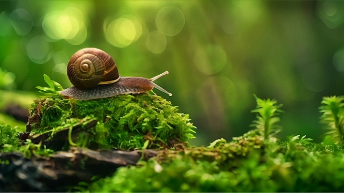 蜗牛爬行在树林草坪