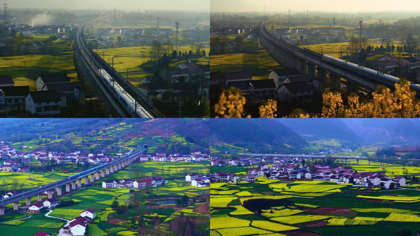 汉中开往春天高铁美丽乡村航拍