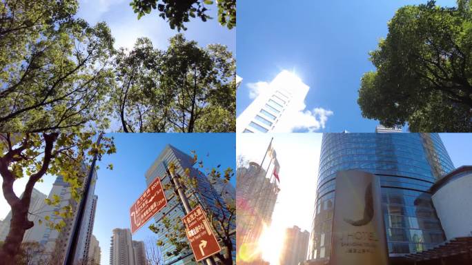 夏天阳光穿过树叶高楼大厦风景视频素材4
