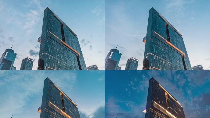 现代城市高楼日转夜延时摄影