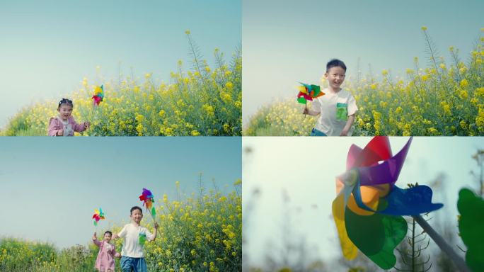 小孩在油菜花田玩风车 小孩奔跑 阳光明媚