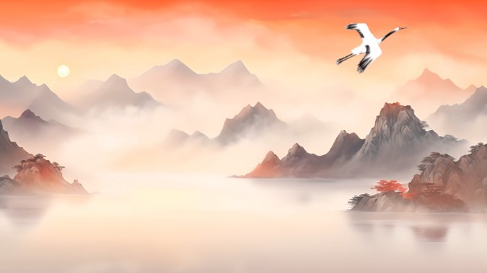 新中式国风带有仙鹤起飞的山水画宋式仙鹤图