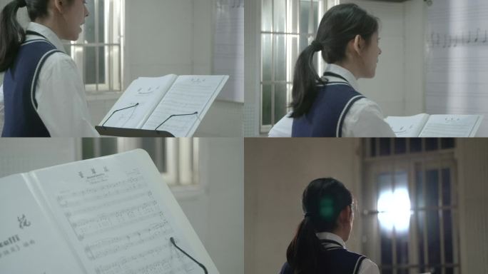 唯美学校音乐课声乐学科女孩琴房看乐谱练歌