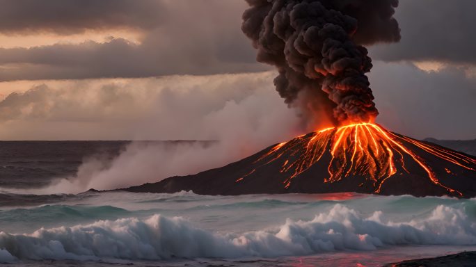 火山喷发的炽热岩浆涌入太平洋