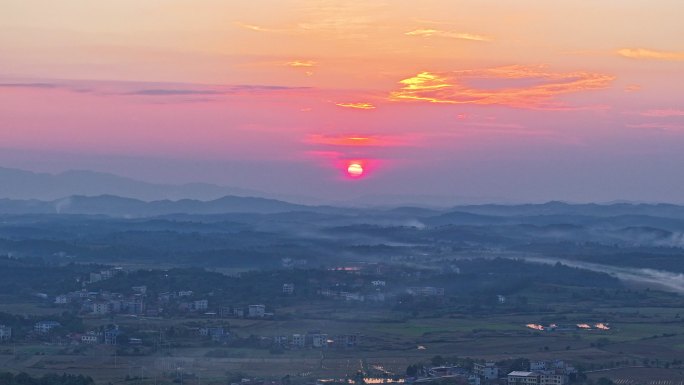 4K乡村红日日落夕阳延时