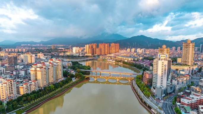 河源航拍日出城市风景美景延时镜头