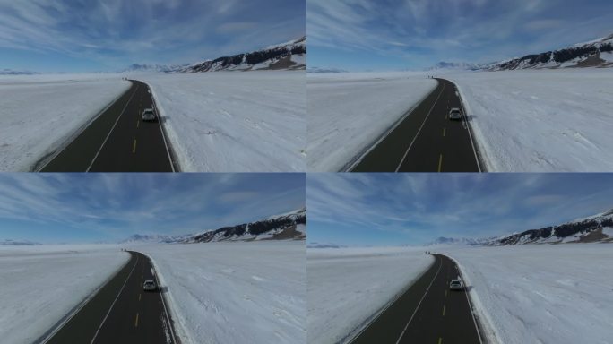 新疆伊犁冬季赛里木湖公路跟车高空航拍