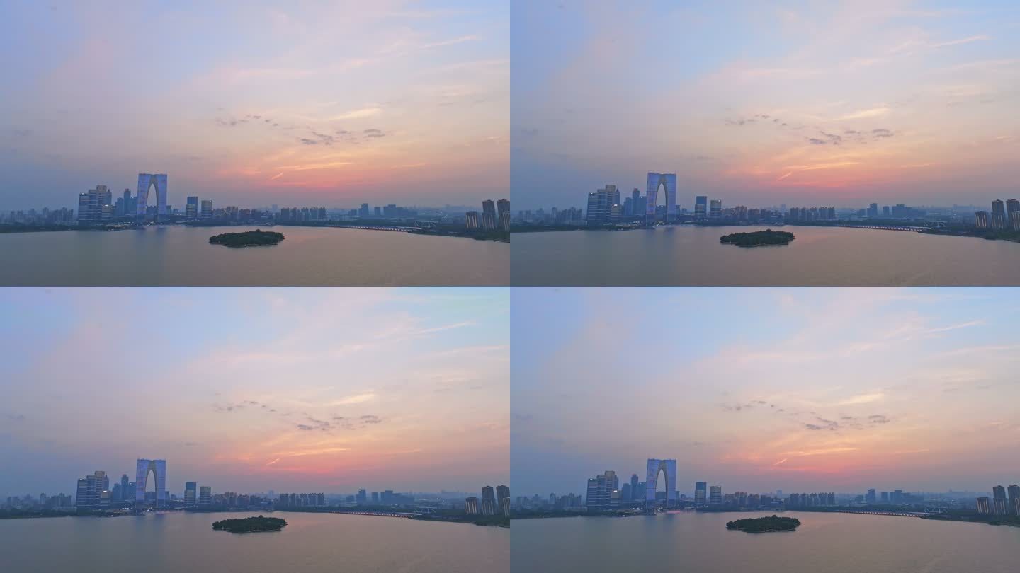 苏州金鸡湖夏天黄昏落日航拍全景
