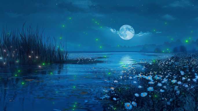 夜晚月亮湖面