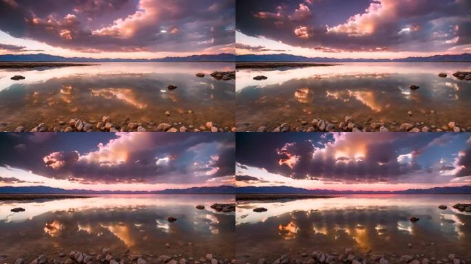 彩色日出倒映在大盐湖上