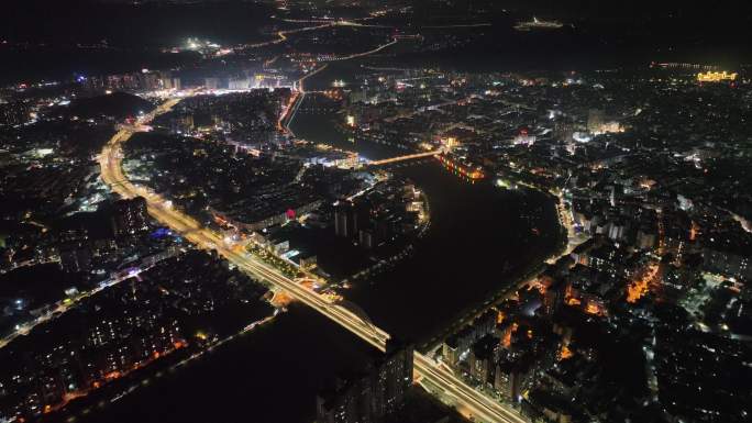 广州从化区夜景航拍从化大桥夜晚流溪河风光