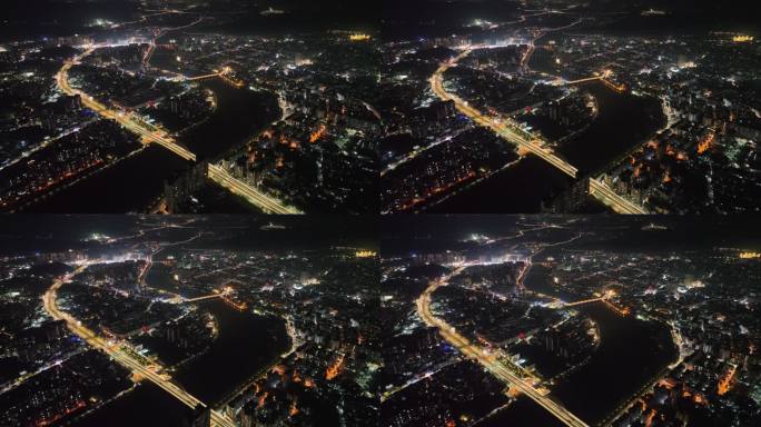 广州从化区夜景航拍从化大桥夜晚流溪河风光
