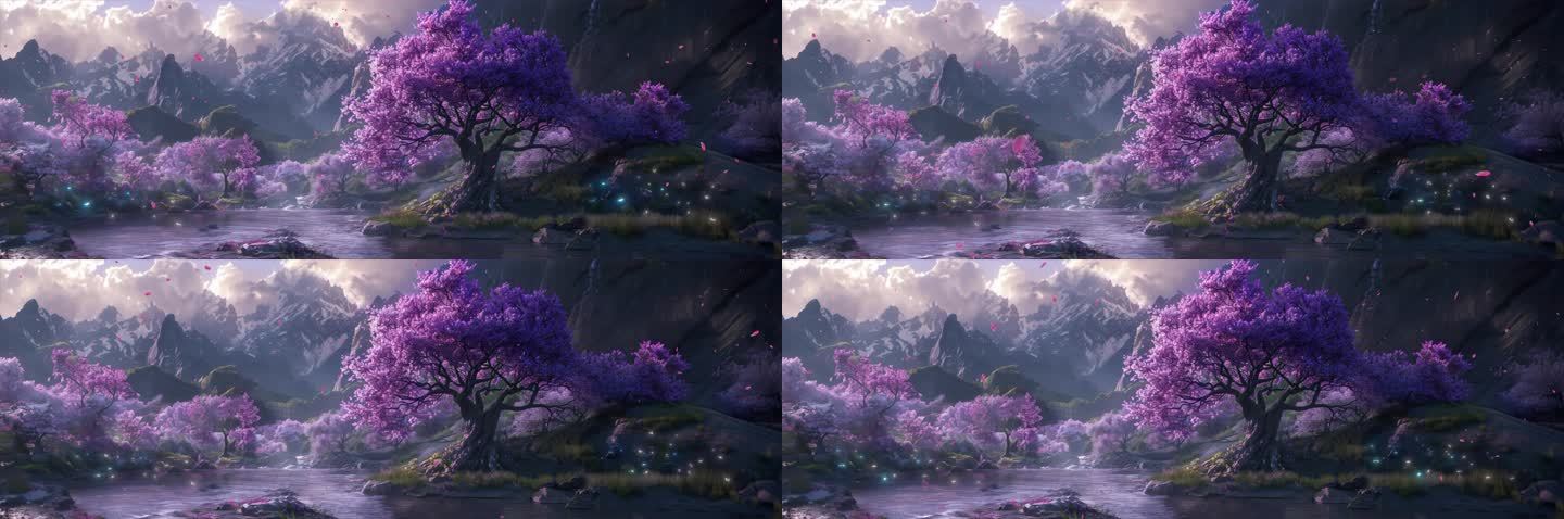 紫色远山花草树木