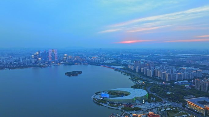 苏州金鸡湖夏天黄昏航拍全景