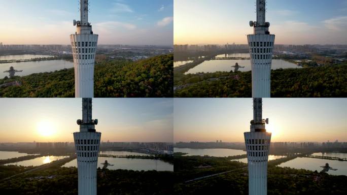 蚌埠电视塔城市夕阳落日龙子湖自然风光航拍