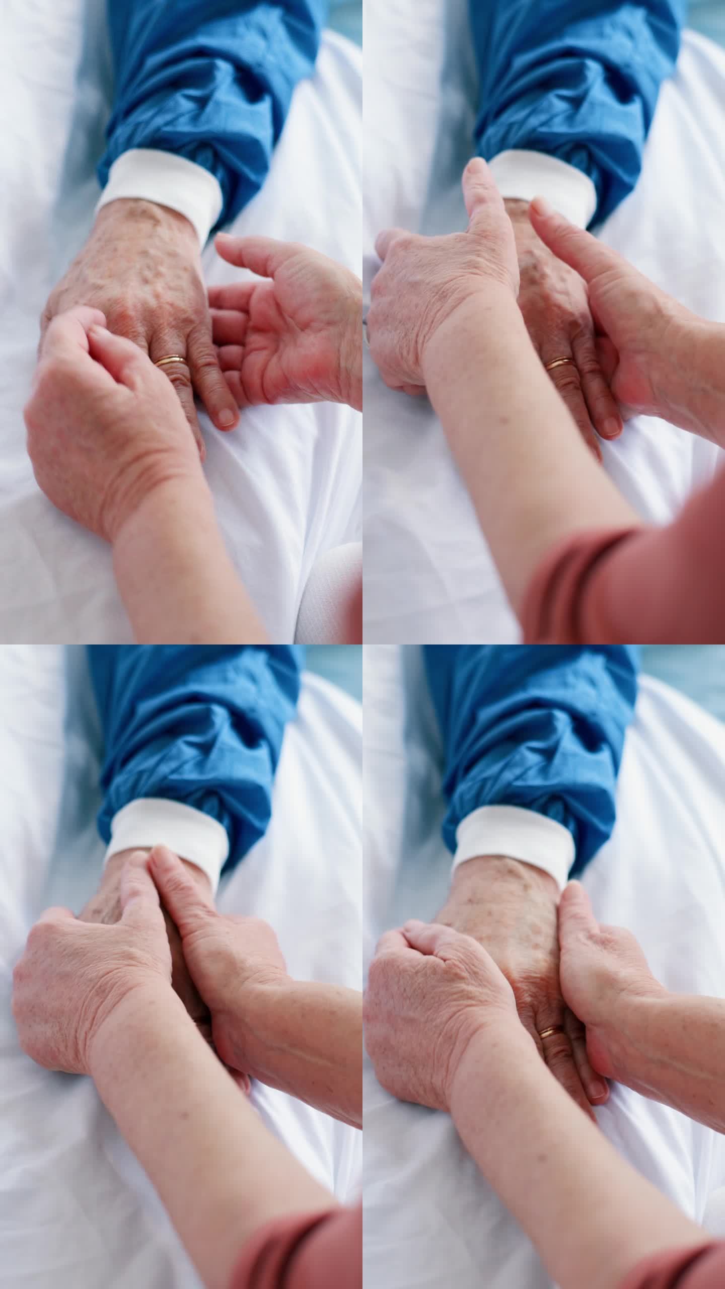 医院、病床和牵着老年人的手，在医疗保健中给予关心、支持和同情。信任，照顾者或触摸病人在门诊患有癌症病