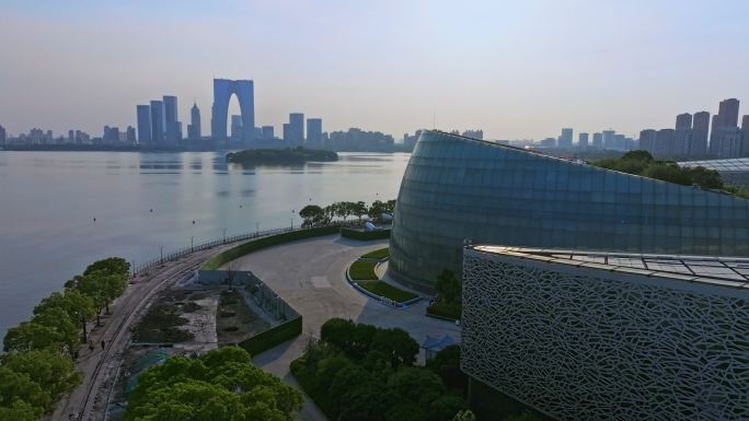 苏州金鸡湖夏天黄昏航拍全景