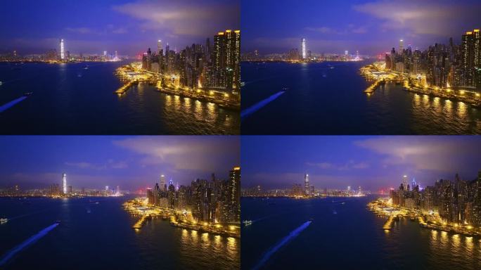 香港维多利亚港CBD中环夜景高空航拍