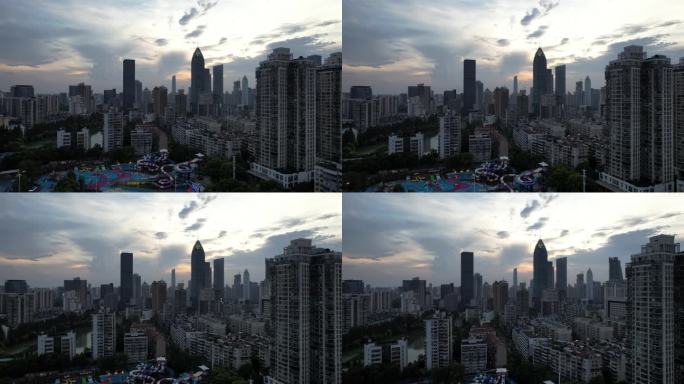 航拍武汉城市地标天际线高楼群夕阳晚霞落日