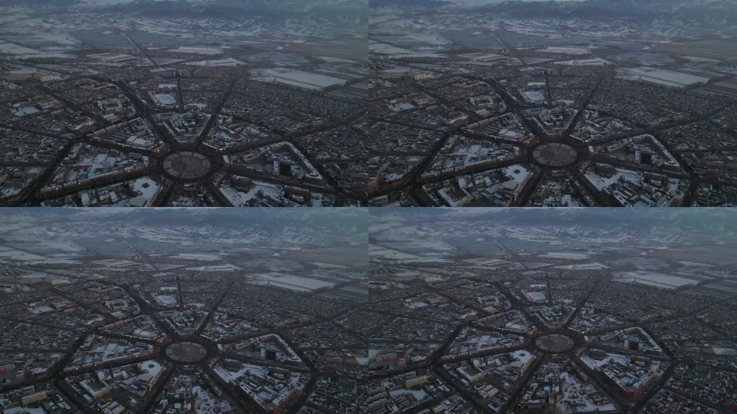 新疆北疆伊犁冬季特克斯八卦城日出高空航拍