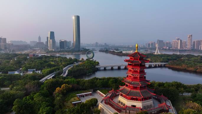 福建厦门集美水月广场杏林阁日落高空航拍