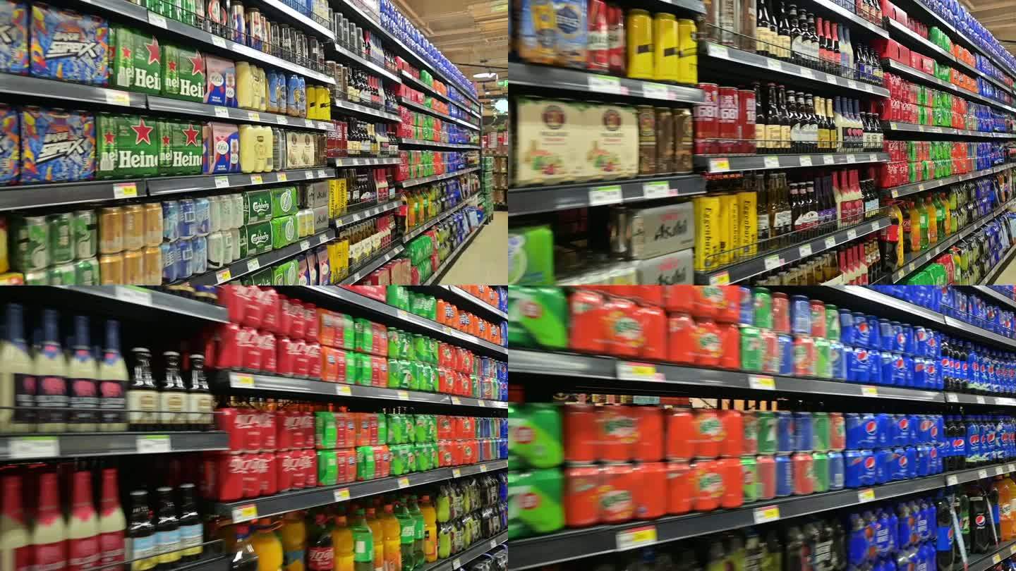 超市空镜头-啤酒，可乐，橙汁，货架