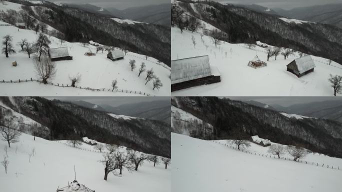 白雪覆盖的山景与传统民居，灰蒙蒙的天空，宁静的冬日景象，鸟瞰