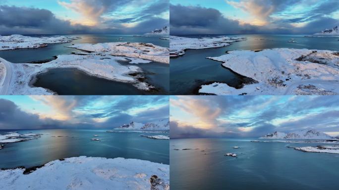 挪威罗弗敦群岛北极圈雷纳冬季雪景高空航拍