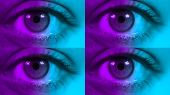 彩色眼睛，宏观或视觉，眼睛或面部的极端特写，为视线，意识或打开眼睑。