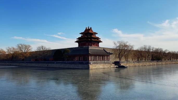 北京故宫角楼文化瑰宝冬季冰湖延时
