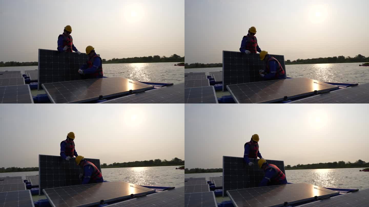 光伏工程师研究浮动光伏。工人检查和修理漂浮在水面上的太阳能电池板设备。工程师在湖面上安装浮动太阳能板