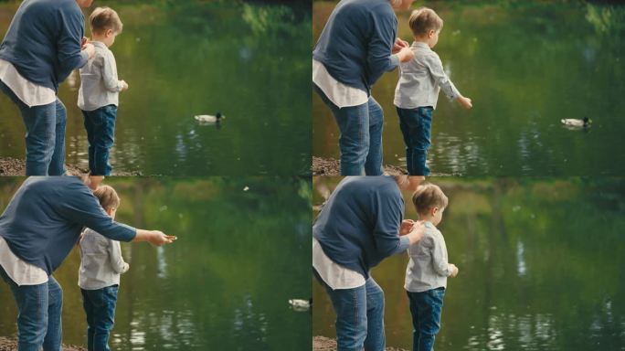 奶奶和小男孩喂公园湖上漂浮的鸭子，快乐的童年