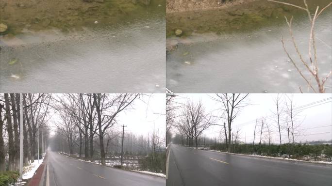 冬季农村 雪景 雪后沟渠 马路 行驶车辆