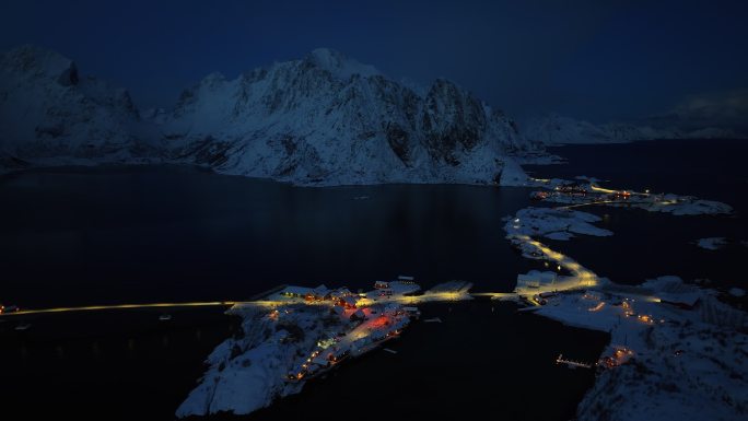 挪威罗弗敦群岛北极圈雷纳冬季雪景高空航拍