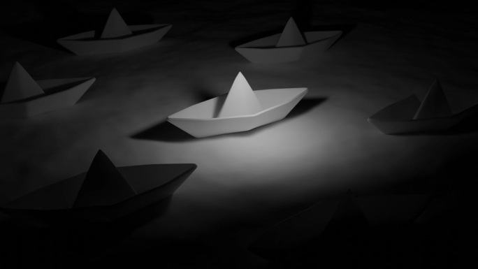 3d纸船在水上。设计。纸船在水面的波纹上移动。许多纸船在水上黑色的背景。