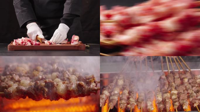 美食烧烤牛肉烤串烤牛肉串烧烤制作过程4K
