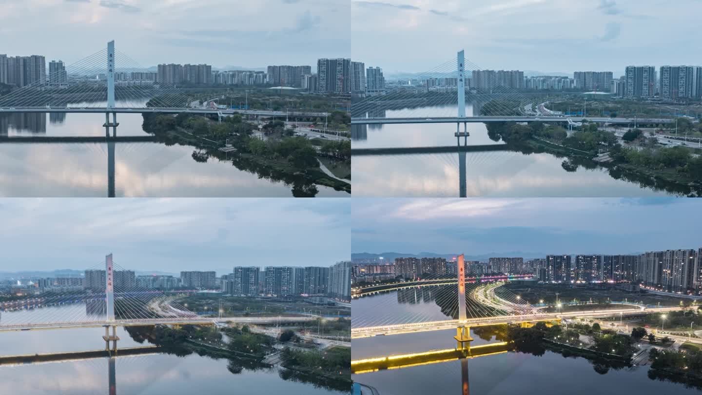 梅州市广州桥车流航拍日转夜