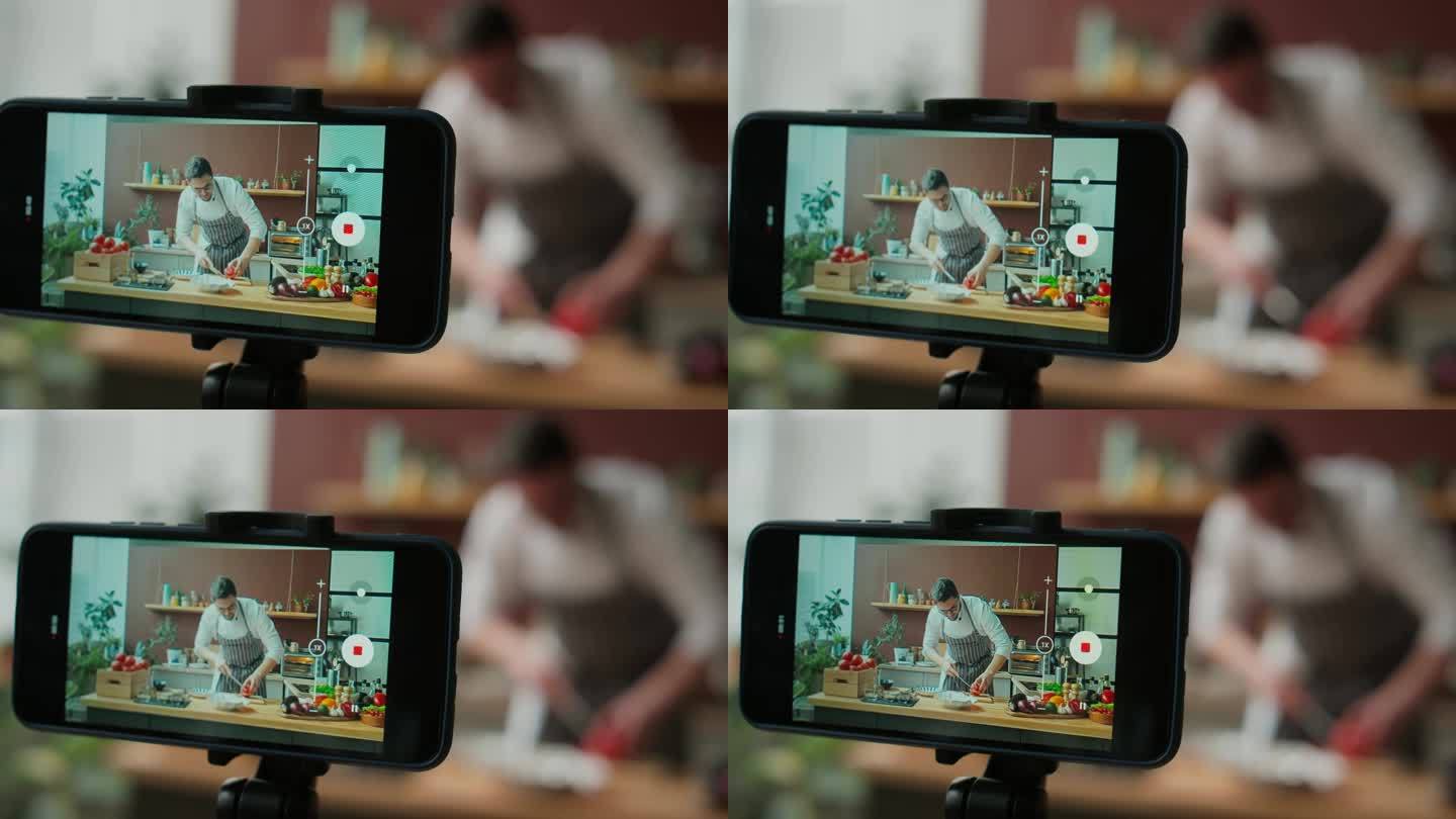 厨师在厨房拍摄烹饪视频