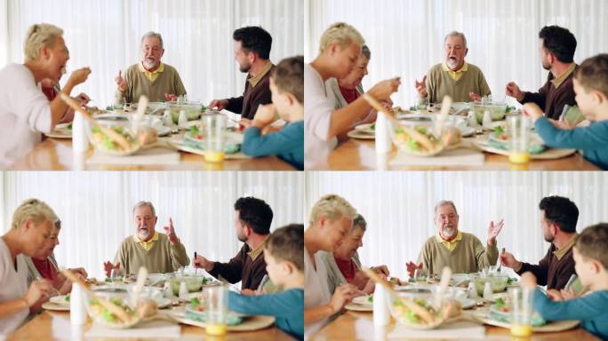 家庭，午餐和在餐厅的谈话，爱，联系和沟通在家里。美食，放松与孩子与爷爷奶奶，父母和健康，饭和营养的同