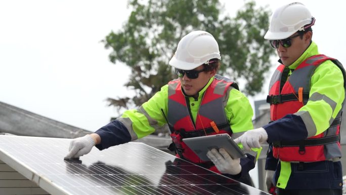 工程师检查光伏电池组件。工业可再生能源的绿色动力。工人们在施工前准备材料，背景是一堆面板。