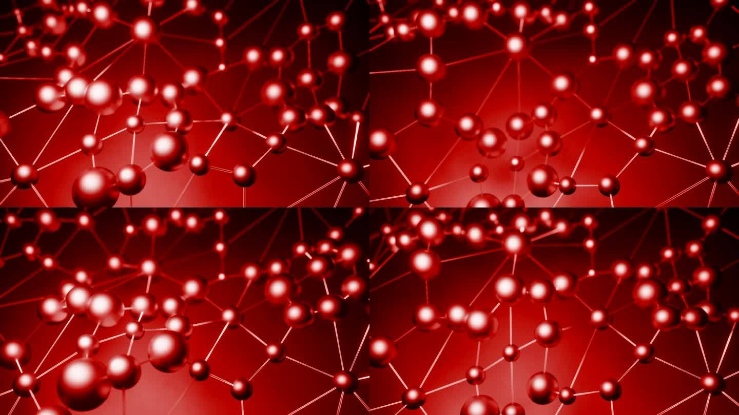 粉红色和红色的背景。设计。由线条连接的圆形原子在抽象中移动。高品质4k画面